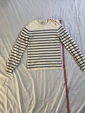 Striped Crewneck Sweater with Shoulder Buttons - Cream & Navy